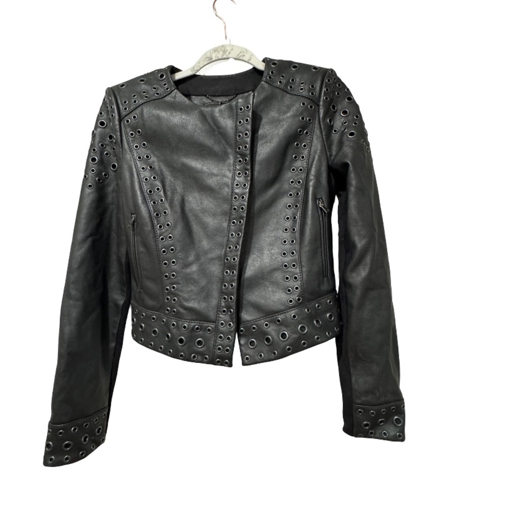 BCBGMAXAZRIA Alec Black Grommet Moto Jacket – Edgy Designer Style